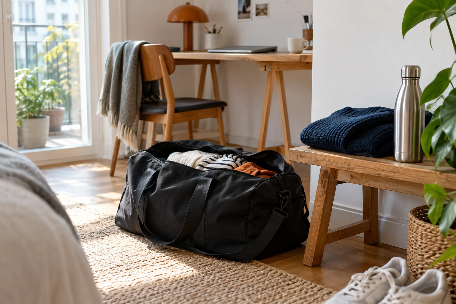 Illustrative Wohnszene mit gepackter Wochenendtasche, Strickkleidung und Trinkflasche