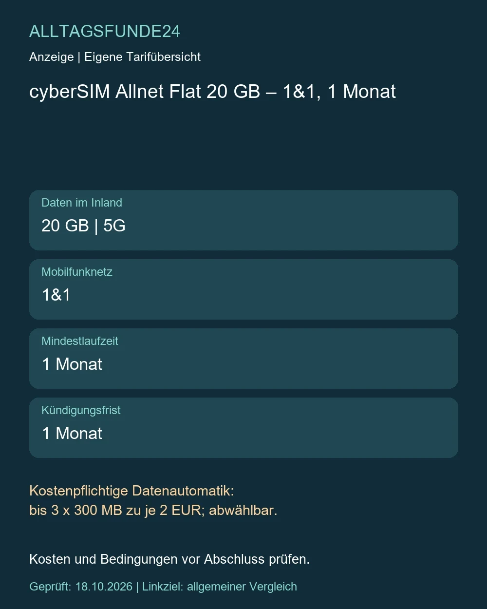 cyberSIM Allnet Flat 20 GB – 1&1, 1 Monat