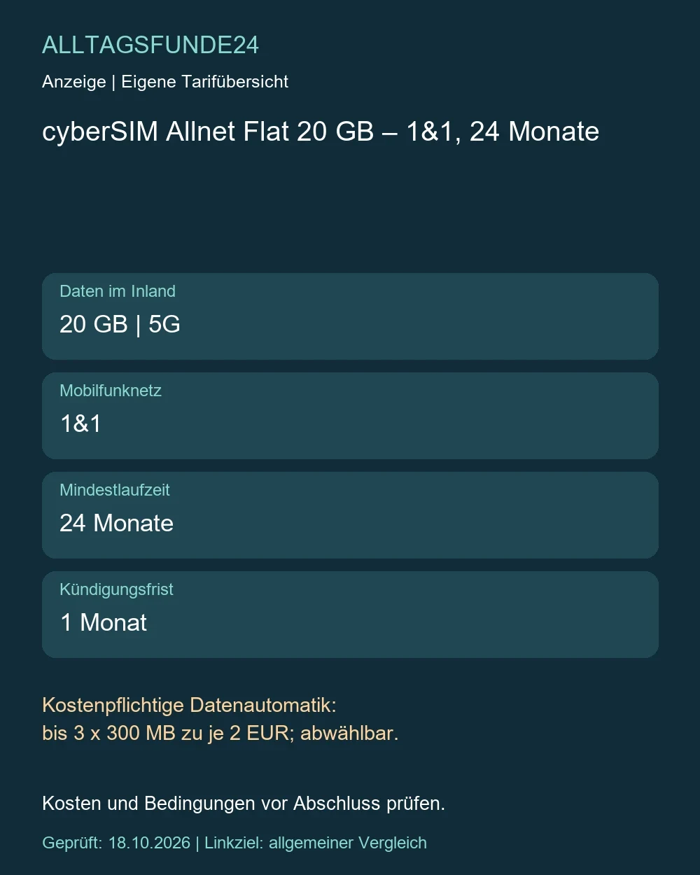 cyberSIM Allnet Flat 20 GB – 1&1, 24 Monate