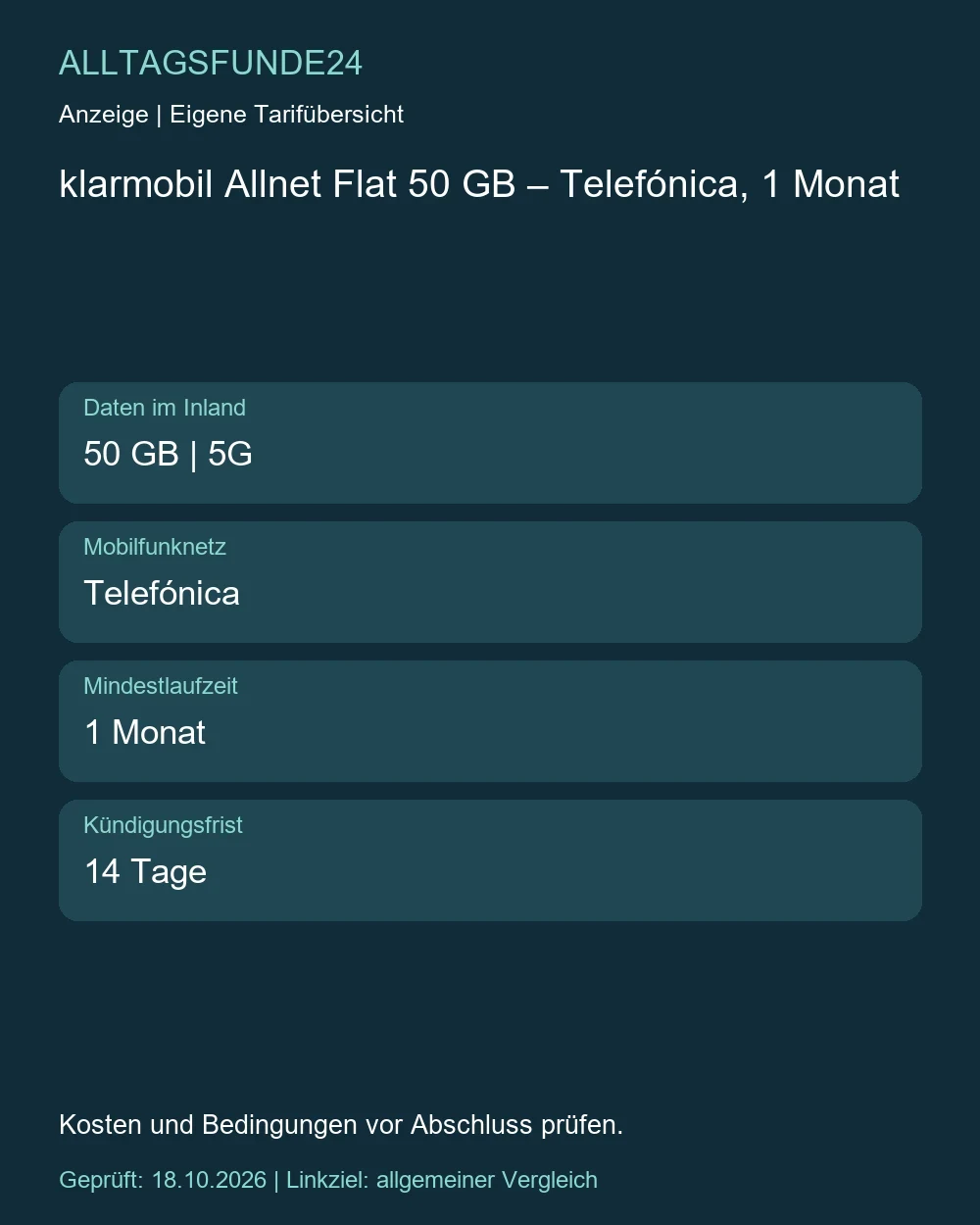 klarmobil Allnet Flat 50 GB – Telefónica, 1 Monat