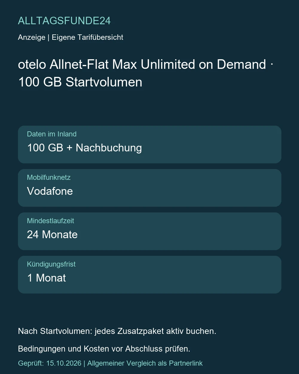 otelo Allnet-Flat Max Unlimited on Demand · 100 GB Startvolumen
