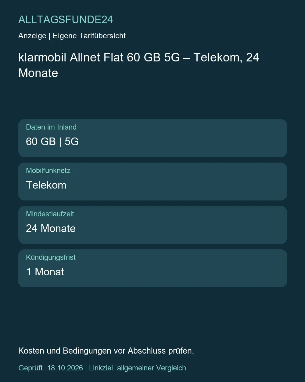klarmobil Allnet Flat 60 GB 5G – Telekom, 24 Monate
