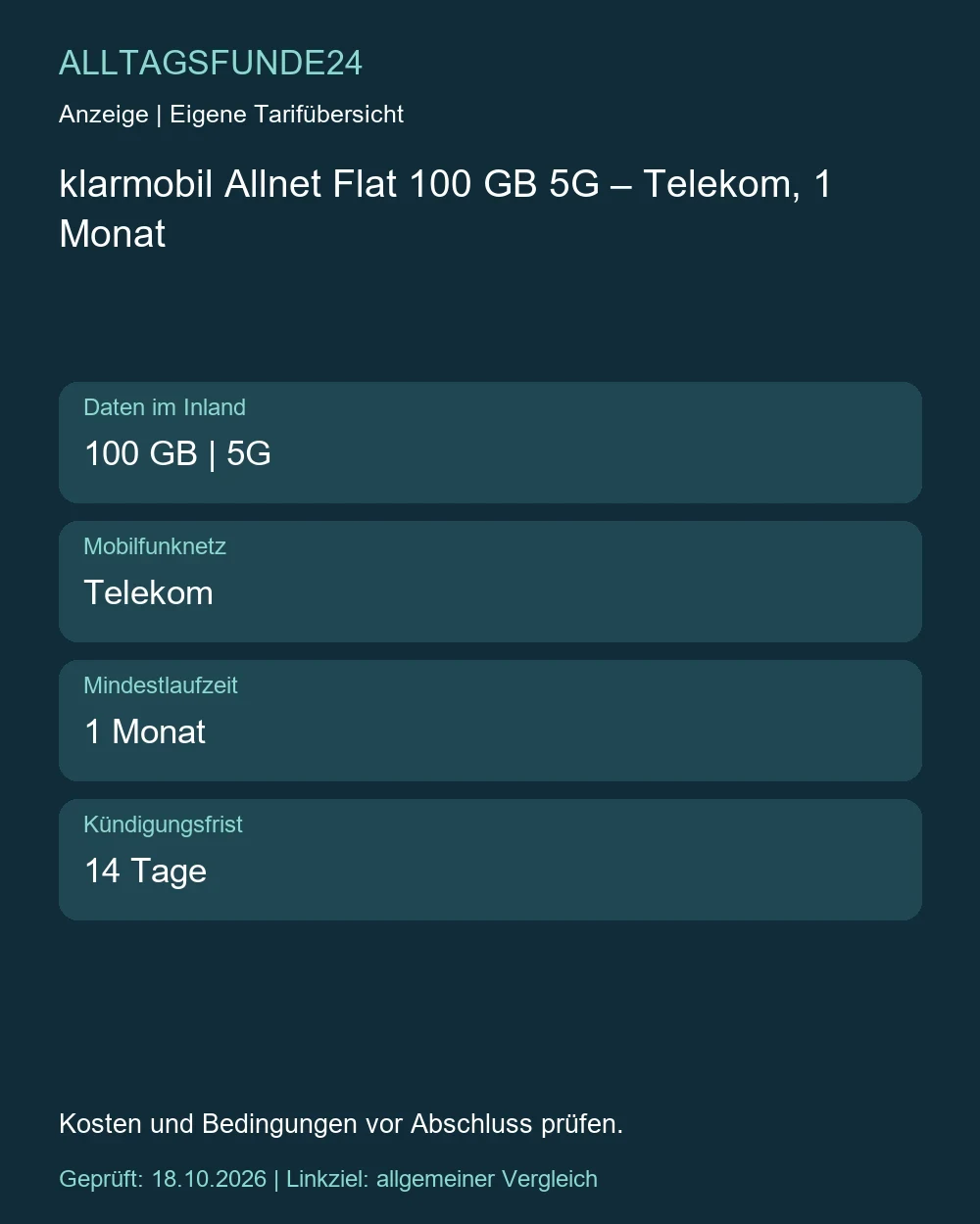 klarmobil Allnet Flat 100 GB 5G – Telekom, 1 Monat