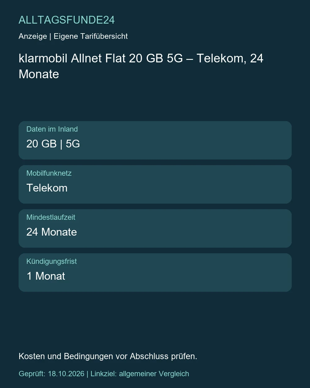 klarmobil Allnet Flat 20 GB 5G – Telekom, 24 Monate