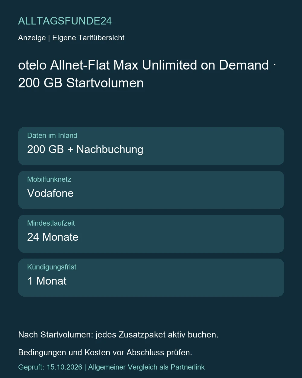 otelo Allnet-Flat Max Unlimited on Demand · 200 GB Startvolumen